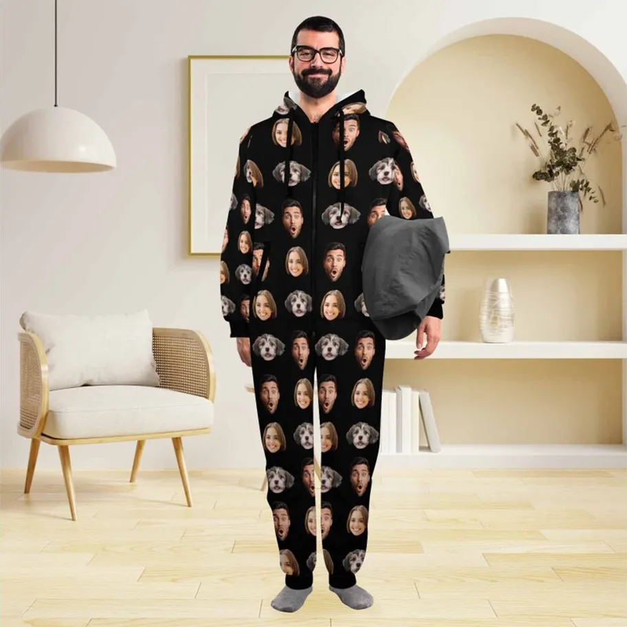 [30  Colors] Flannel Fleece Onesie Pajamas Custom Your Face Jumpsuit Homewear