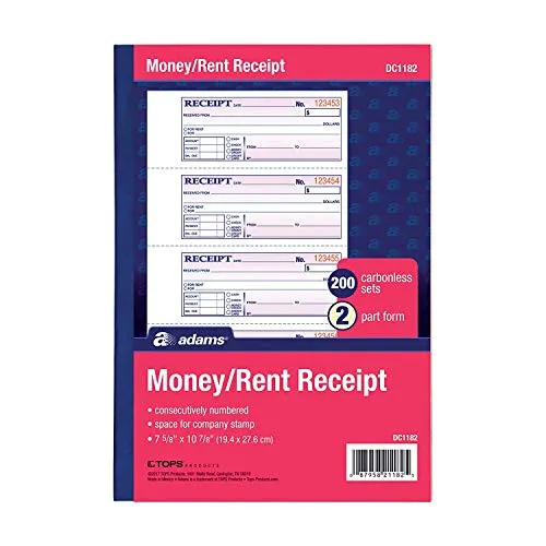 Adams Money and Rent Receipt Book, 2-Part, Carbonless, White/Canary, 7-5/8" x 10-7/8", Bound Wraparound Cover, 200 Sets per Book, 4 Receipts per Page (DC1182) (Pack 3)