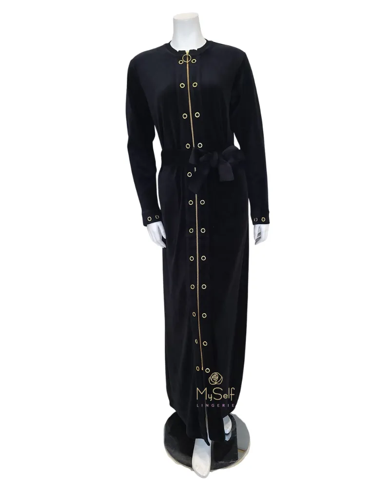 AEN914V Black Velour Gold Zip Grommets Morning Robe