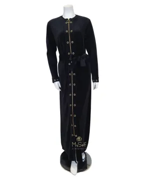 AEN914V Black Velour Gold Zip Grommets Morning Robe