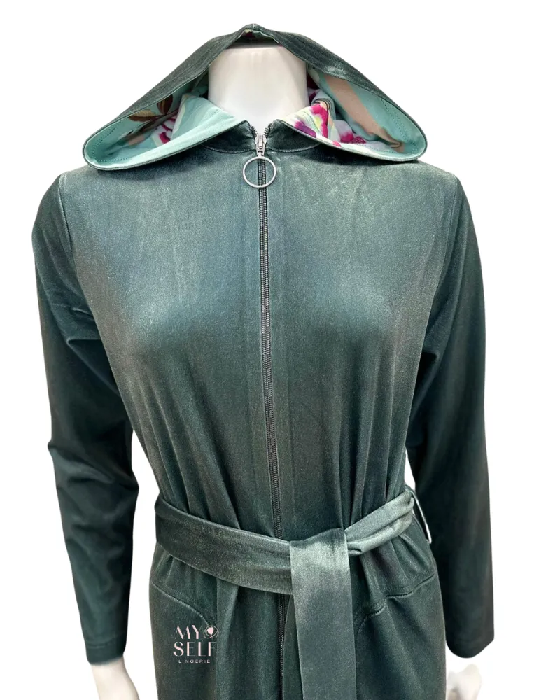 AJ935OL Floral Lining Olive Zipper Front Velour Morning Robe w/ Removable Hood