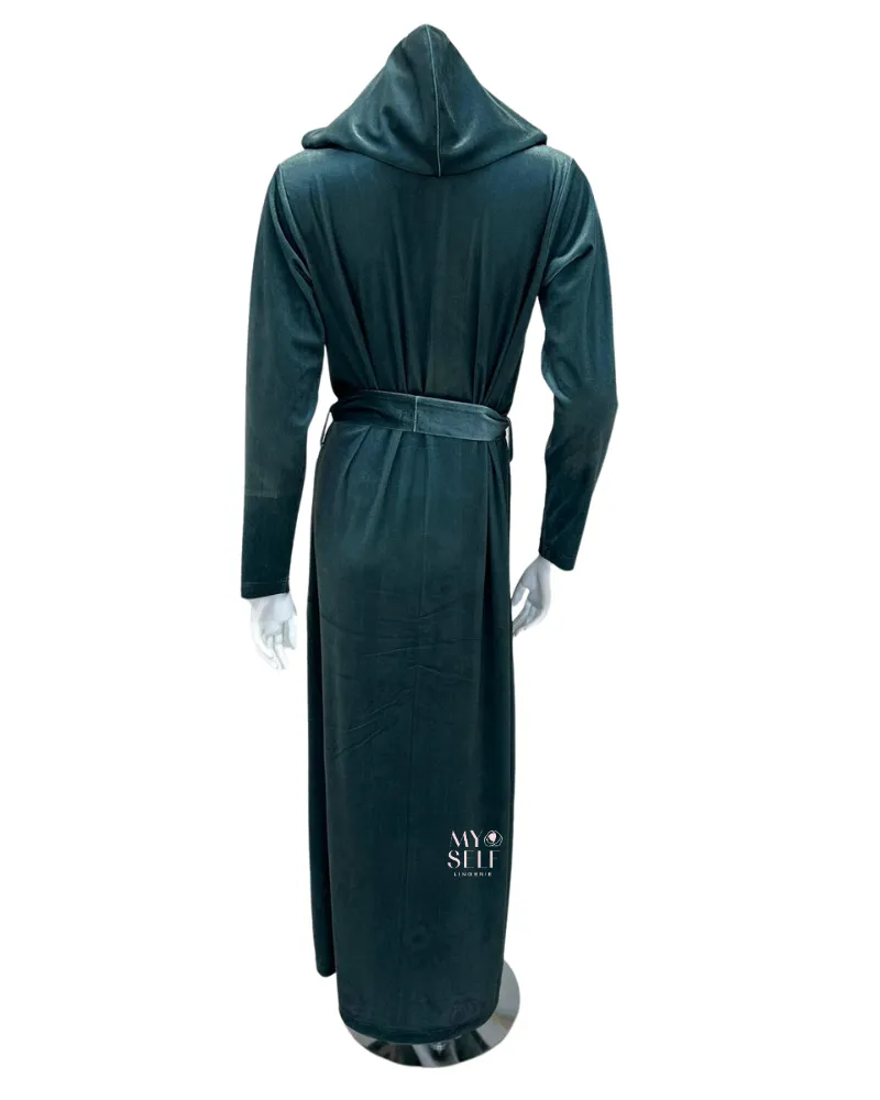 AJ935OL Floral Lining Olive Zipper Front Velour Morning Robe w/ Removable Hood