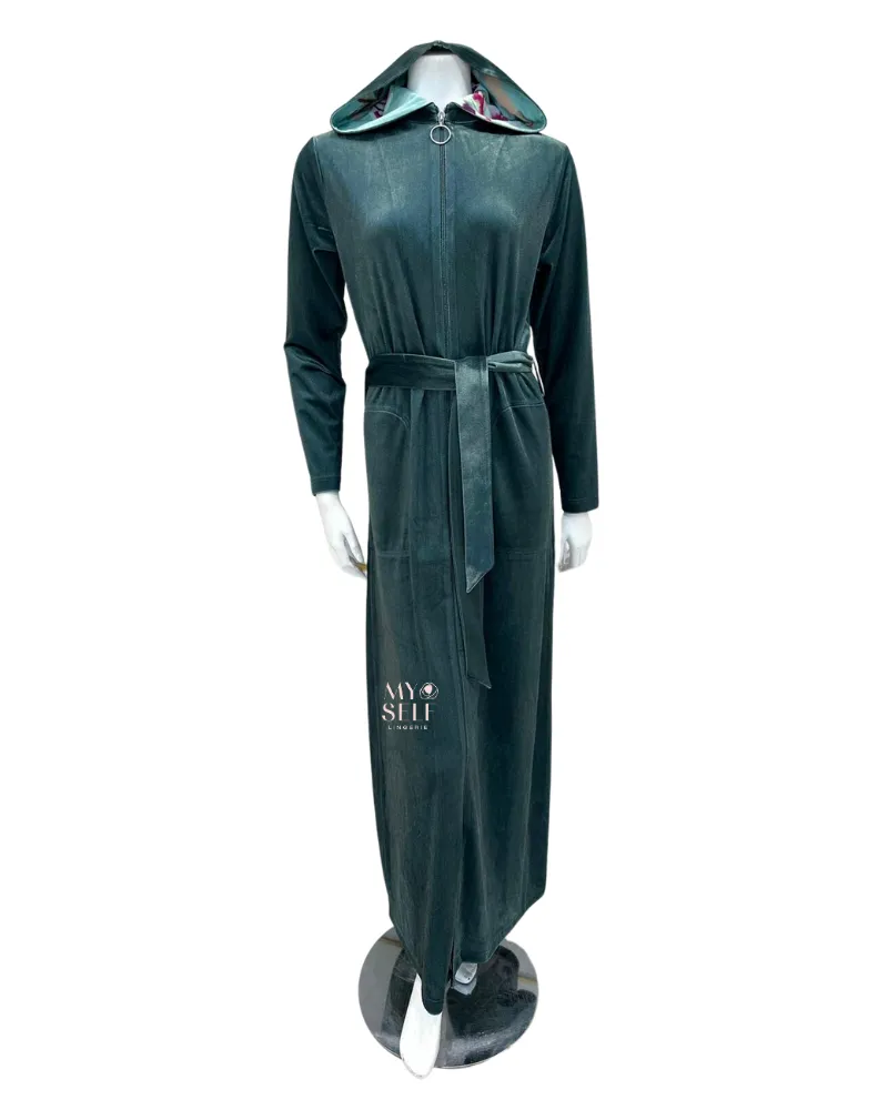 AJ935OL Floral Lining Olive Zipper Front Velour Morning Robe w/ Removable Hood