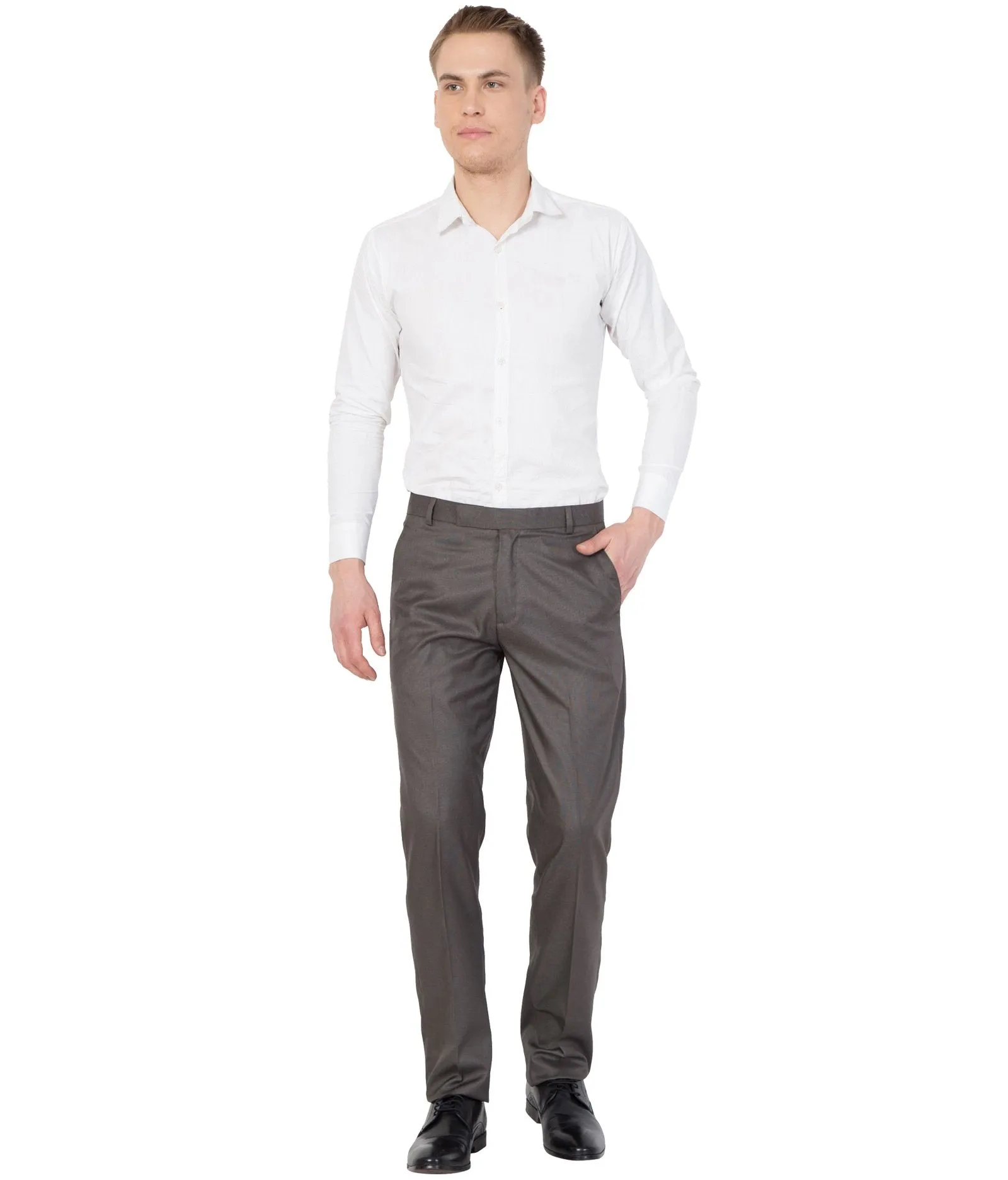 American-Elm Men Brown Solid Cotton Formal Trouser