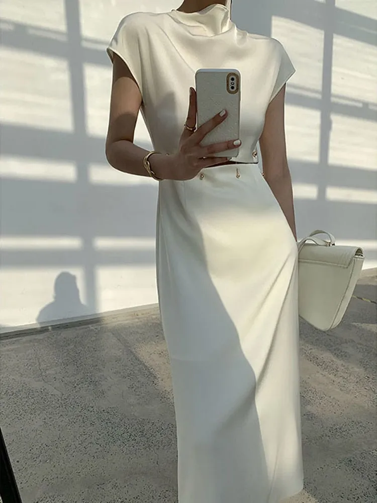 ASHORE SHOP Elegant White Long Dress Female Round Neck Short Sleeve High Waist Cut Out Midi Dresses For Woman Clothing Fashion
