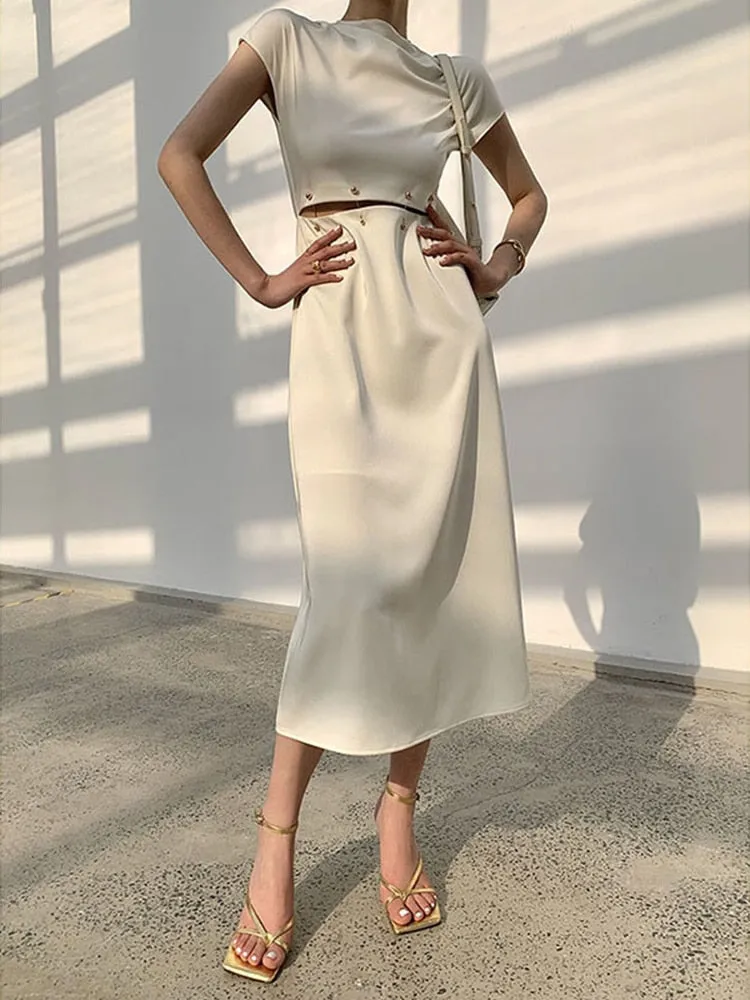 ASHORE SHOP Elegant White Long Dress Female Round Neck Short Sleeve High Waist Cut Out Midi Dresses For Woman Clothing Fashion