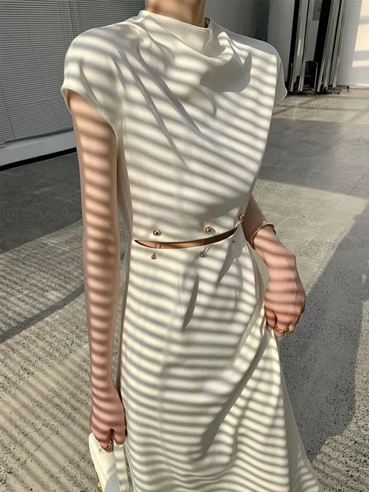 ASHORE SHOP Elegant White Long Dress Female Round Neck Short Sleeve High Waist Cut Out Midi Dresses For Woman Clothing Fashion