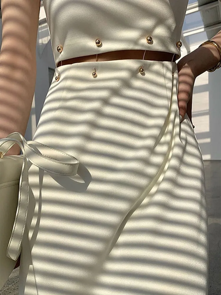ASHORE SHOP Elegant White Long Dress Female Round Neck Short Sleeve High Waist Cut Out Midi Dresses For Woman Clothing Fashion