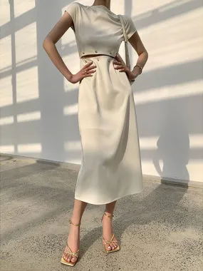 ASHORE SHOP Elegant White Long Dress Female Round Neck Short Sleeve High Waist Cut Out Midi Dresses For Woman Clothing Fashion