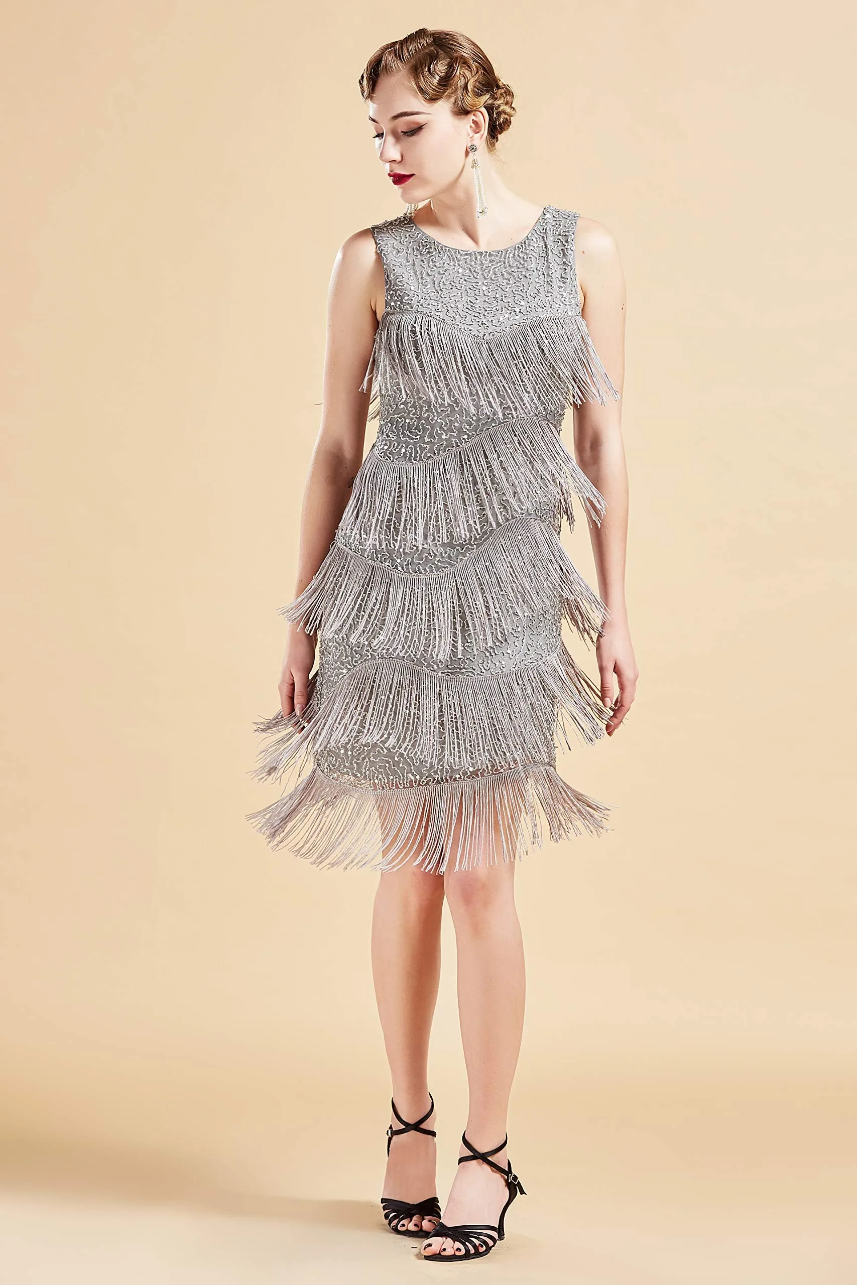 BABEYOND 1920s Flapper Dress Gatsby Fringed Dress Roaring 20s Beaded Dress Art Deco Dress for Gatsby Themed Party Prom Gray Small
