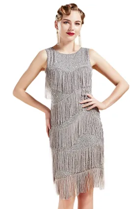BABEYOND 1920s Flapper Dress Gatsby Fringed Dress Roaring 20s Beaded Dress Art Deco Dress for Gatsby Themed Party Prom Gray Small