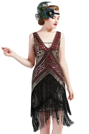 BABEYOND 1920s Flapper Dress V Neck Sequin Beaded Dress Roaring 20s Gatsby Fringe Party Dress Wine Red & Gold Small
