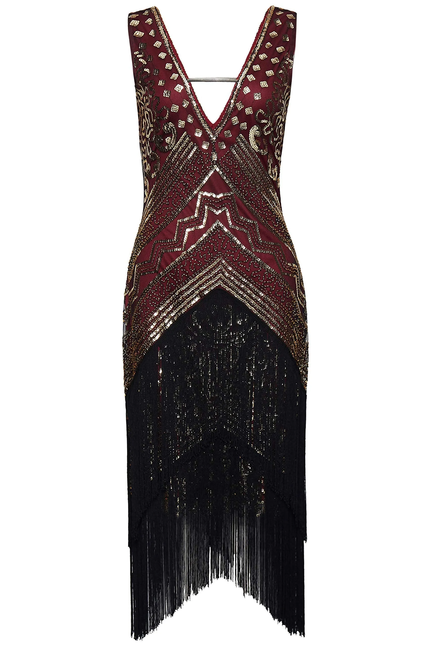 BABEYOND 1920s Flapper Dress V Neck Sequin Beaded Dress Roaring 20s Gatsby Fringe Party Dress Wine Red & Gold Small