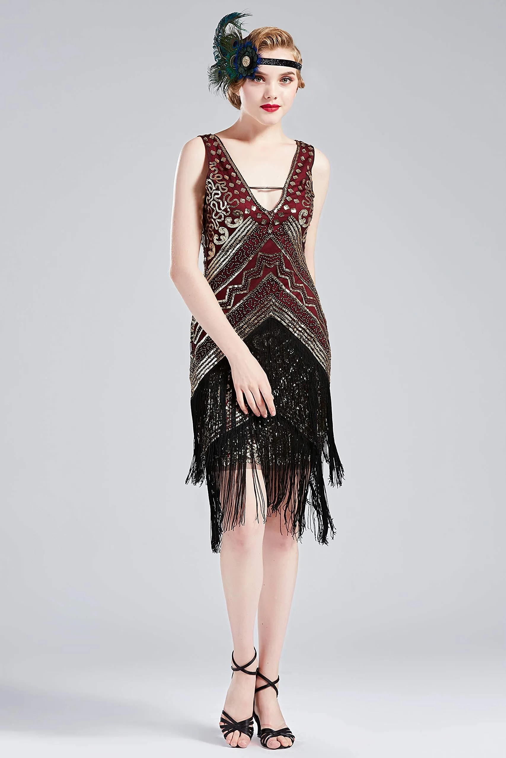 BABEYOND 1920s Flapper Dress V Neck Sequin Beaded Dress Roaring 20s Gatsby Fringe Party Dress Wine Red & Gold Small