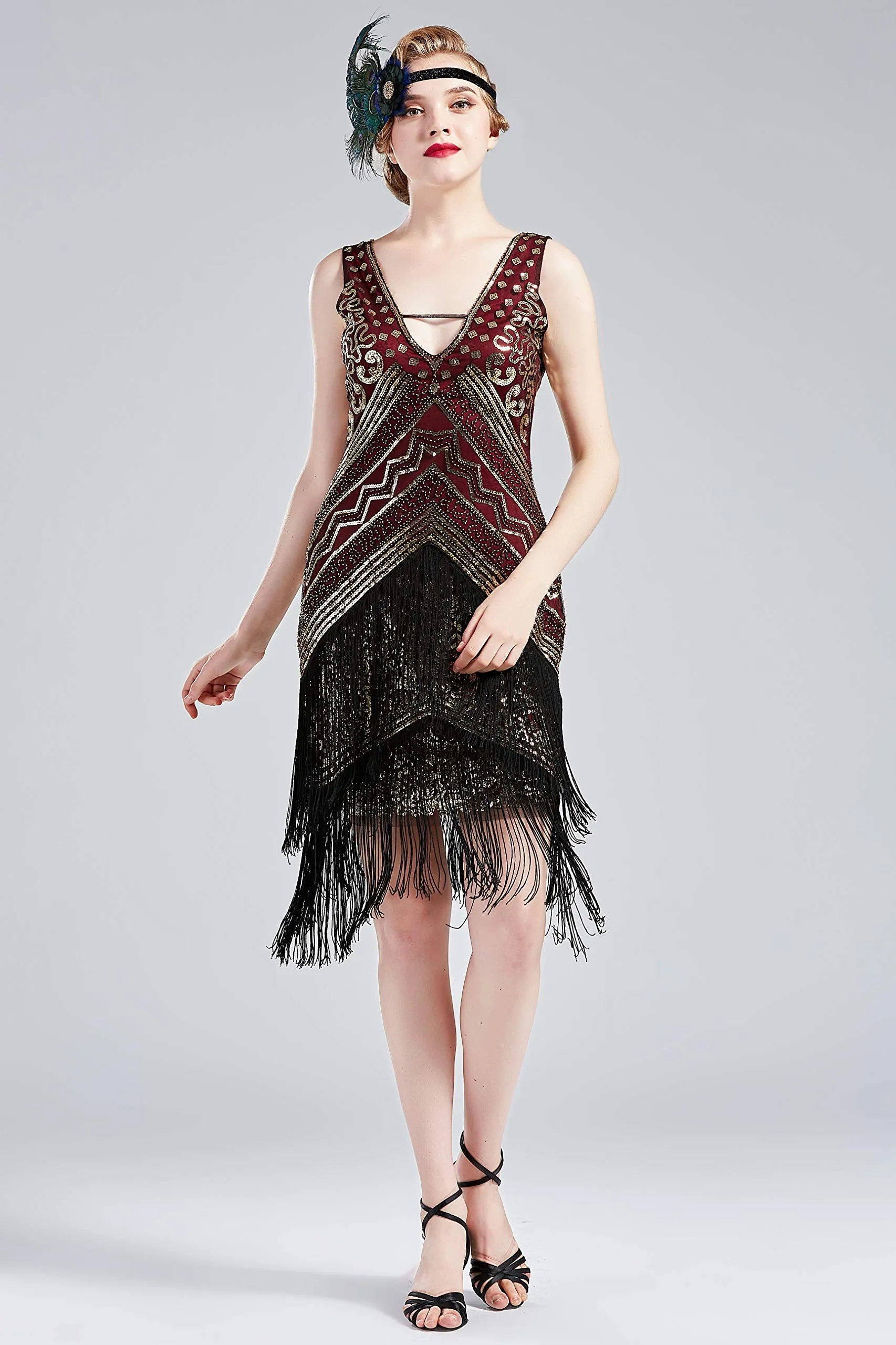 BABEYOND 1920s Flapper Dress V Neck Sequin Beaded Dress Roaring 20s Gatsby Fringe Party Dress Wine Red & Gold Small