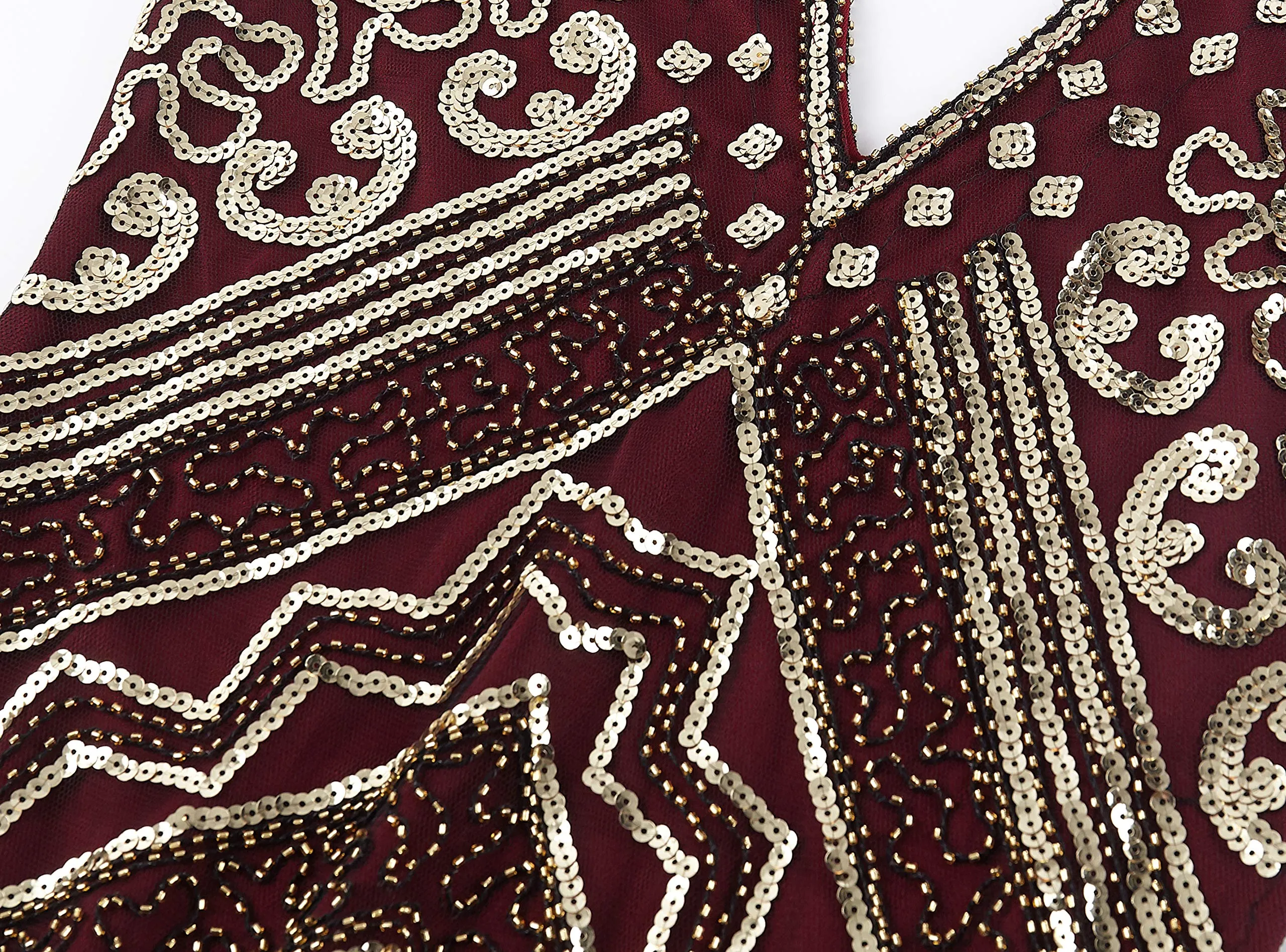 BABEYOND 1920s Flapper Dress V Neck Sequin Beaded Dress Roaring 20s Gatsby Fringe Party Dress Wine Red & Gold Small