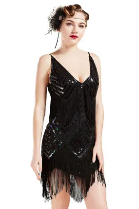 BABEYOND Women's 1920s Flapper Dress V Neck Slip Dress Roaring 20s Great Gatsby Dress for Party Black Small