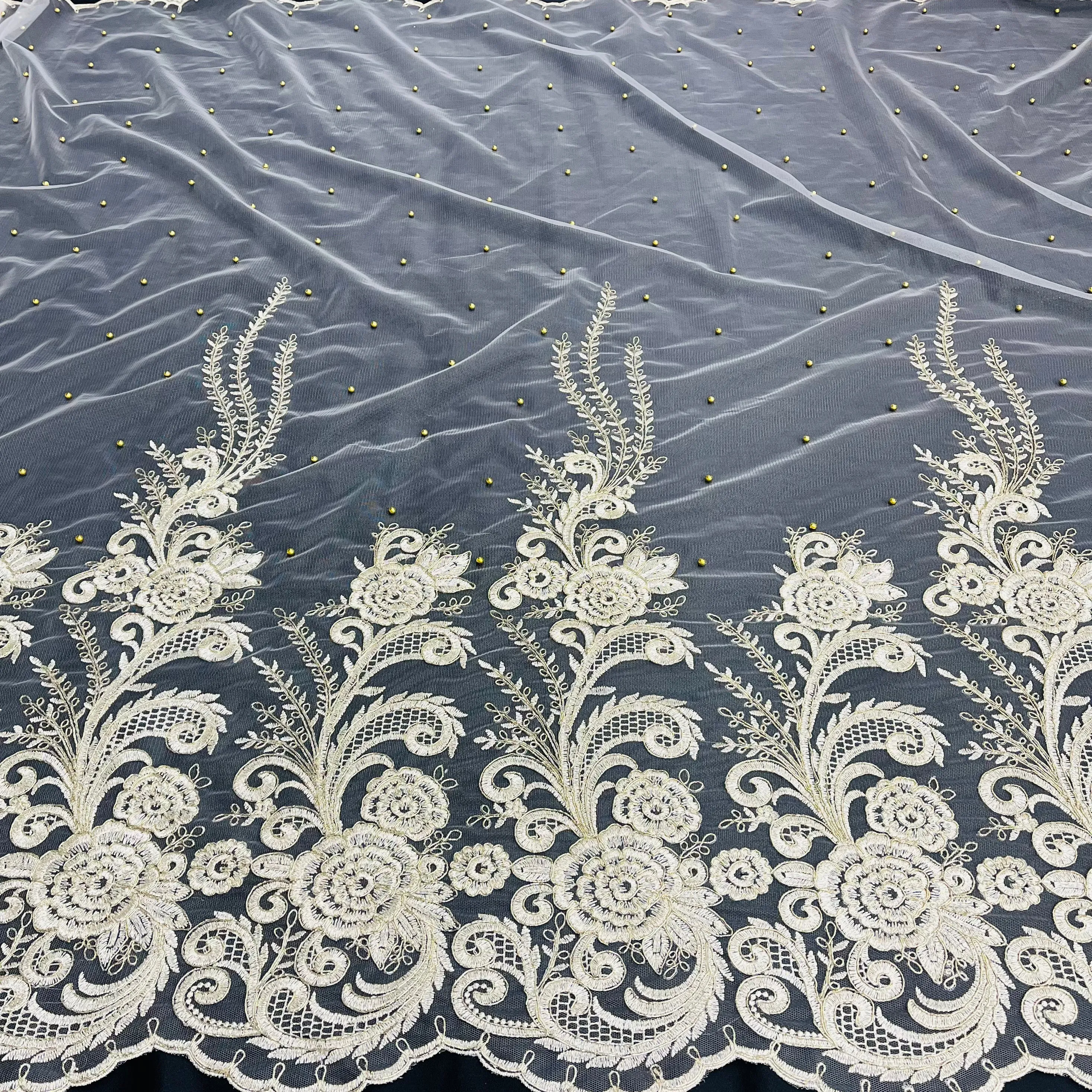 Beaded & Corded Lace Fabric Embroidered on 100% Polyester Net Mesh | Lace USA - 73010W-NB