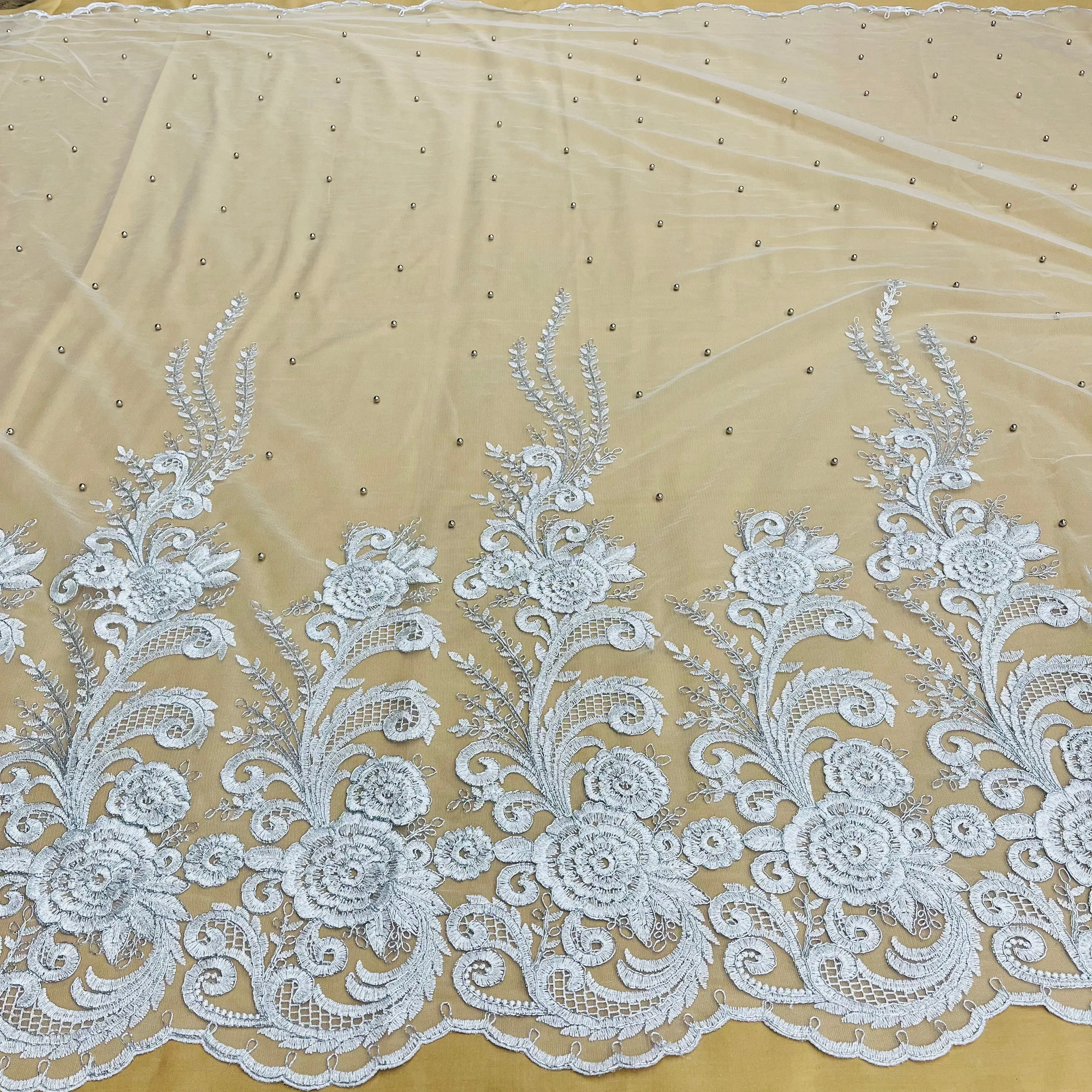 Beaded & Corded Lace Fabric Embroidered on 100% Polyester Net Mesh | Lace USA - 73010W-NB