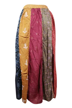 Boho Maxi Skirt, Retro Patchwork Skirts, Fall Brown Pink Patchwork Swing Skirts S/M/L