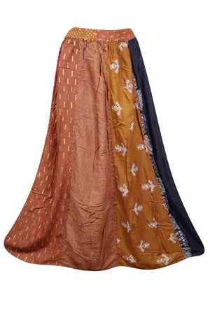 Boho Maxi Skirt, Retro Patchwork Skirts, Fall Brown Pink Patchwork Swing Skirts S/M/L
