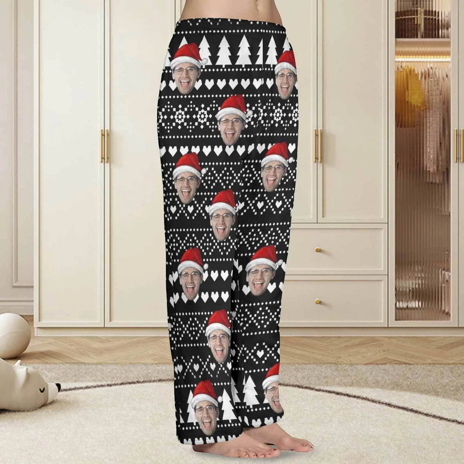 Coral Fleece Pajama Trousers-Custom Face Black Christmas Background Red Hat Warm and Comfortable Sleepwear Long Pajama Pants For Men Women
