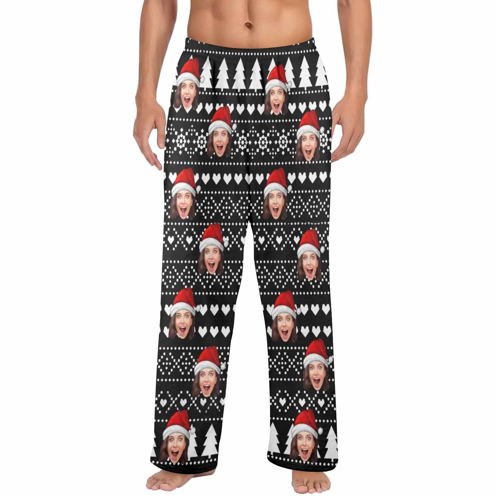 Coral Fleece Pajama Trousers-Custom Face Black Christmas Background Red Hat Warm and Comfortable Sleepwear Long Pajama Pants For Men Women