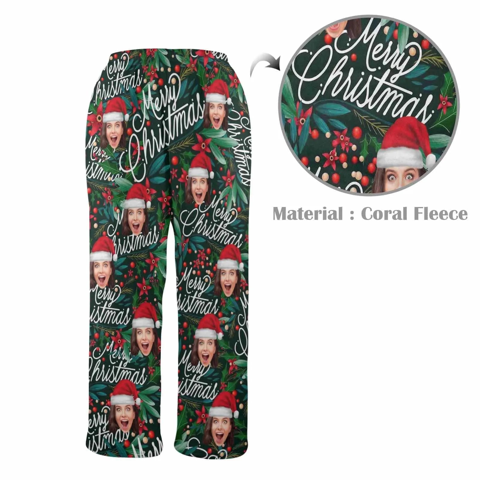 Coral Fleece Pajama Trousers-Custom Face Christmas Red Beans Print Warm and Comfortable Sleepwear Long Pajama Pants For Men Women