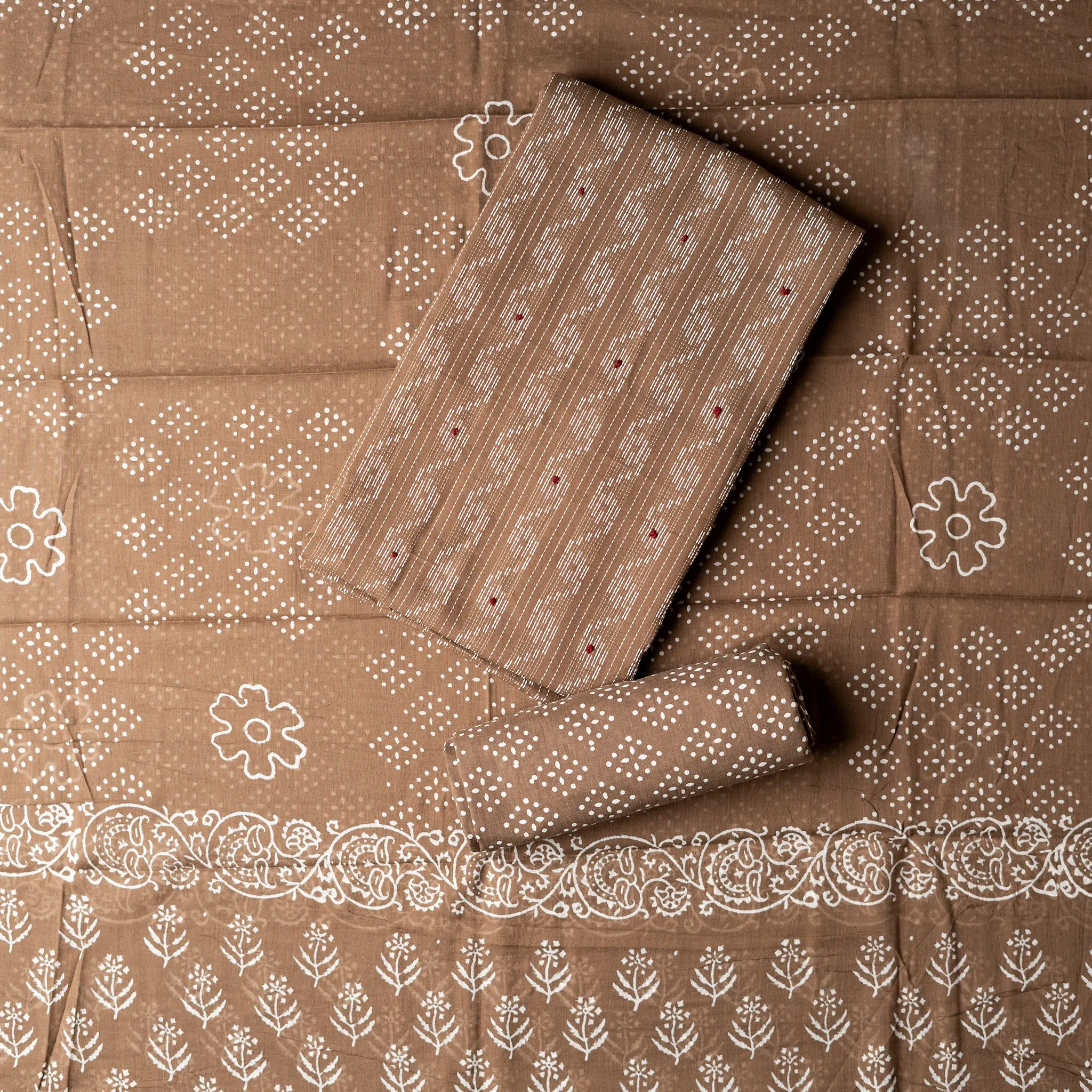 Cotton Katha Work Dress Material (Brown)