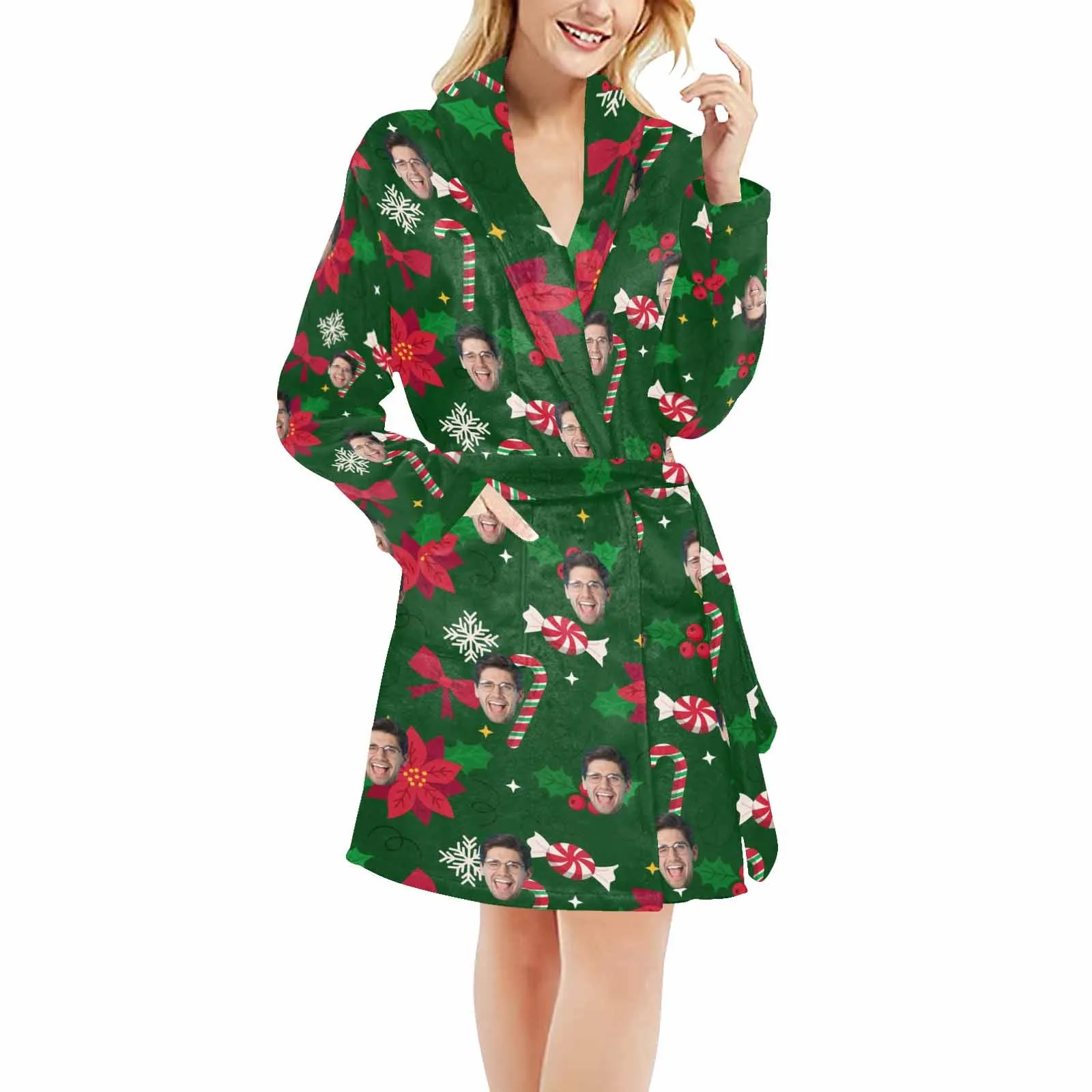 Custom Face Fleece Robe Christmas Green Personalized All Over Print Pajama Kimono Robe for Men Women