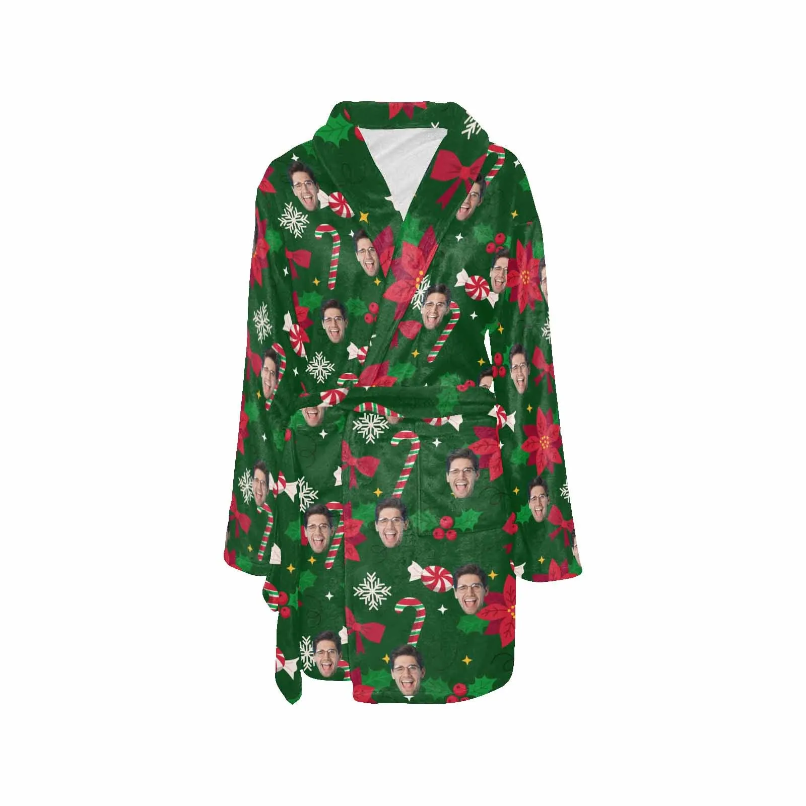 Custom Face Fleece Robe Christmas Green Personalized All Over Print Pajama Kimono Robe for Men Women
