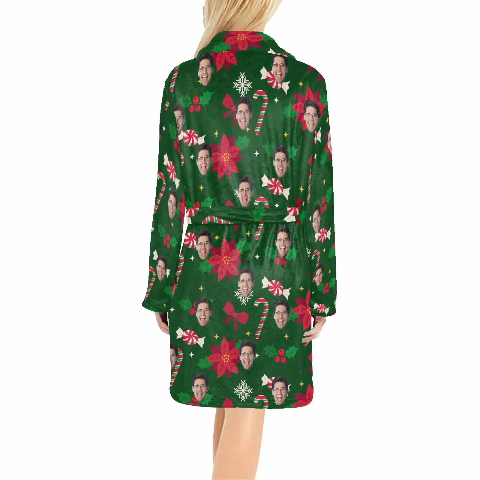 Custom Face Fleece Robe Christmas Green Personalized All Over Print Pajama Kimono Robe for Men Women