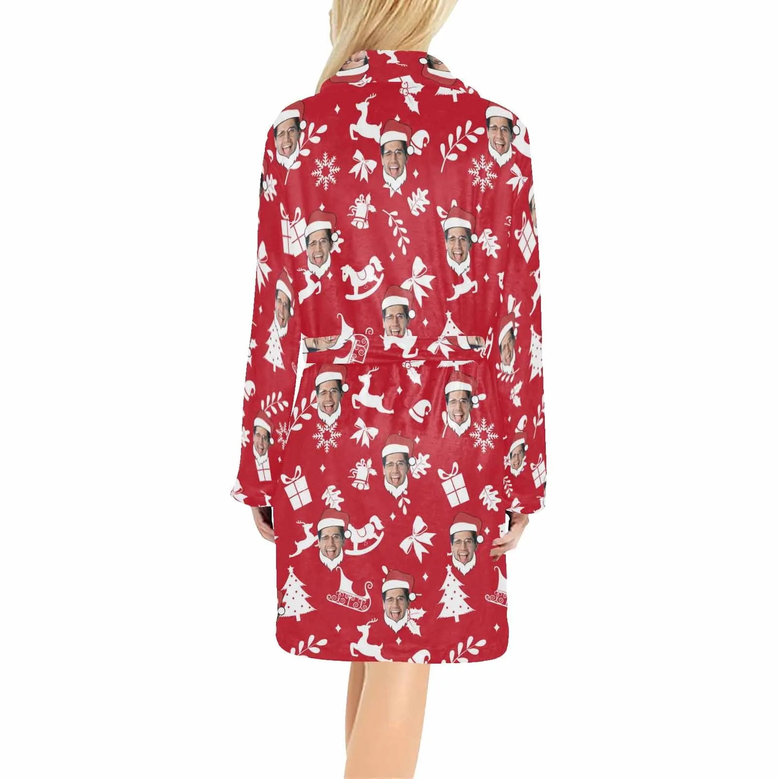 Custom Face Fleece Robe Christmas Red Personalized All Over Print Pajama Kimono Robe for Men Women