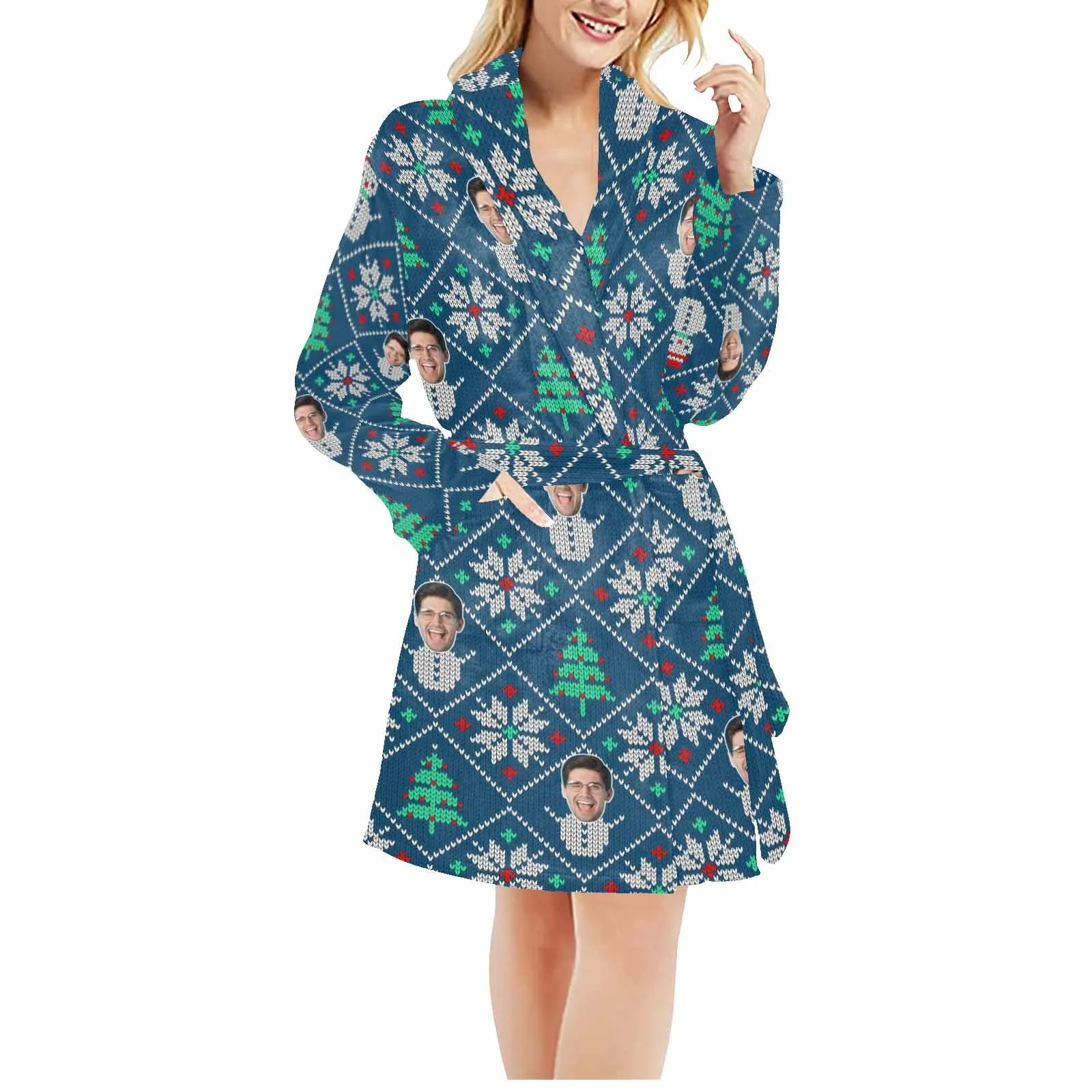 Custom Face Fleece Robe Christmas Tree Personalized All Over Print Pajama Kimono Robe for Men Women