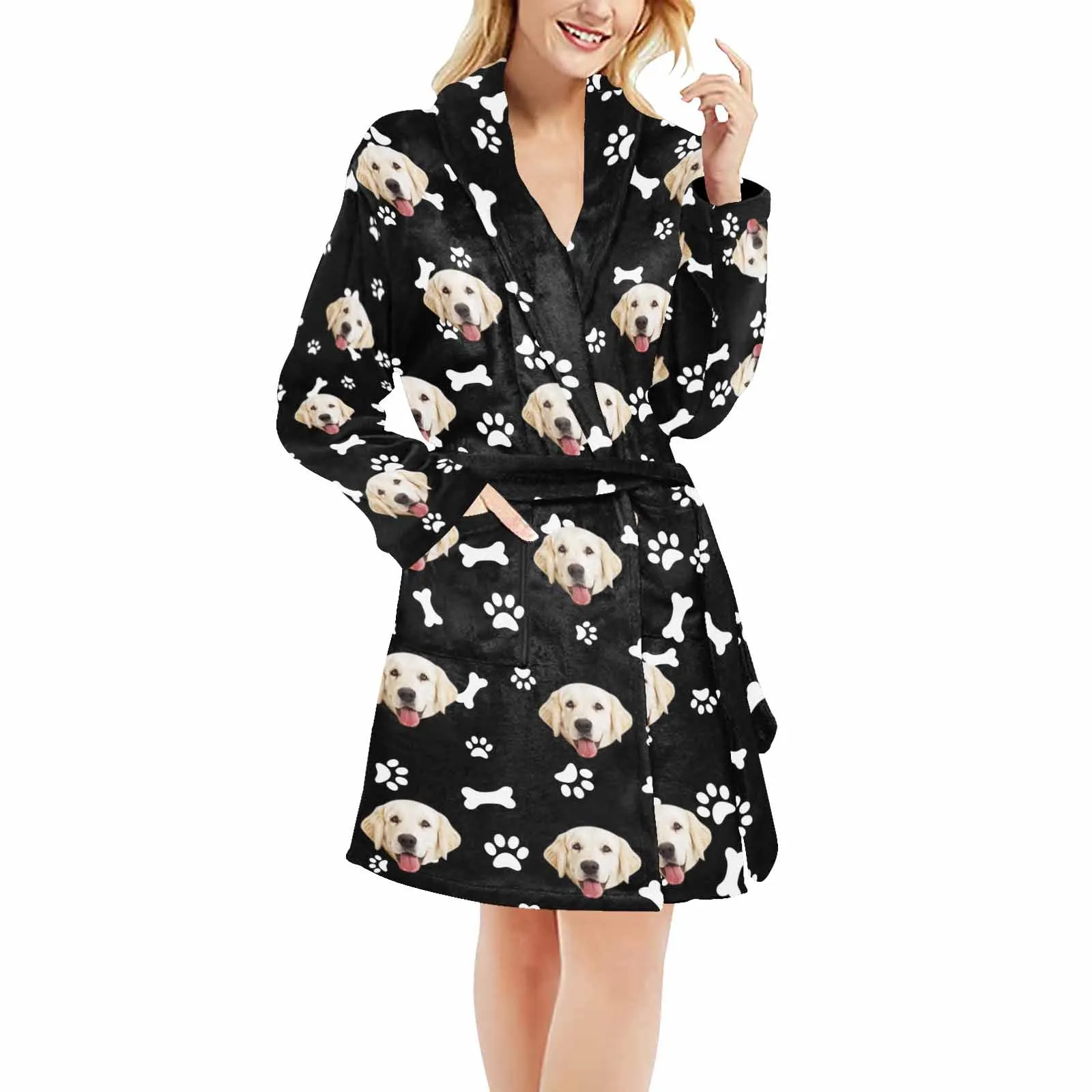 Custom Face Fleece Robe Dog Bones Personalized All Over Print Pajama Kimono Robe for Men Women