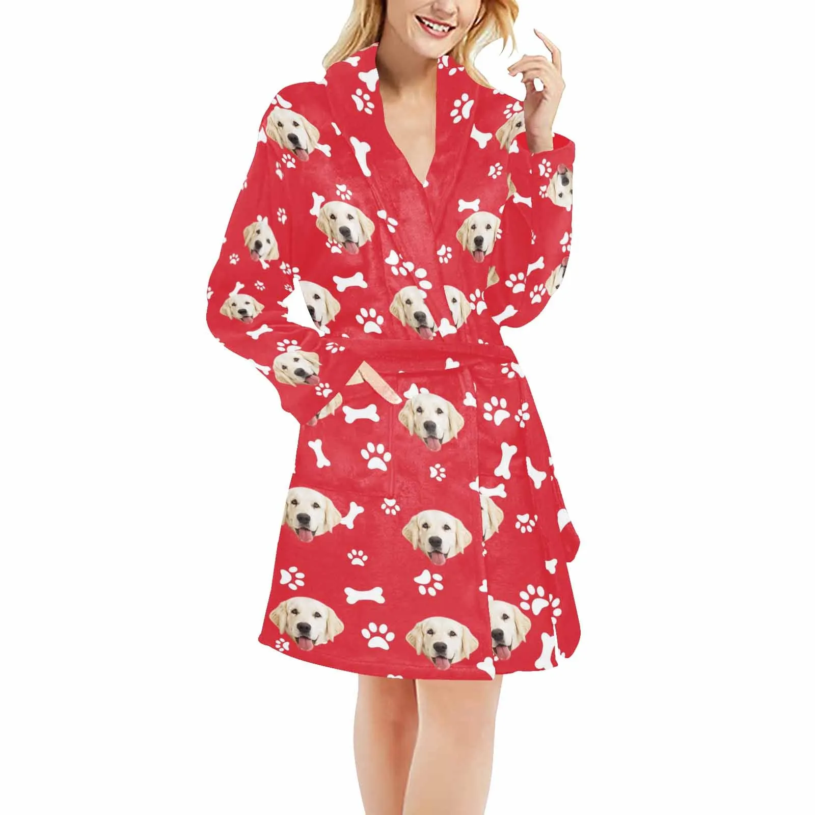 Custom Face Fleece Robe Dog Bones Personalized All Over Print Pajama Kimono Robe for Men Women