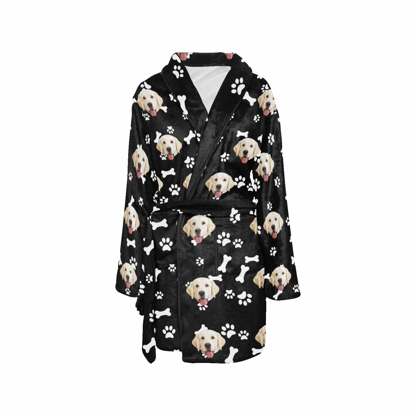 Custom Face Fleece Robe Dog Bones Personalized All Over Print Pajama Kimono Robe for Men Women