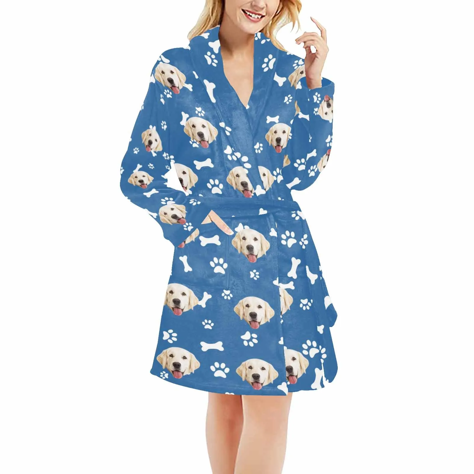 Custom Face Fleece Robe Dog Bones Personalized All Over Print Pajama Kimono Robe for Men Women