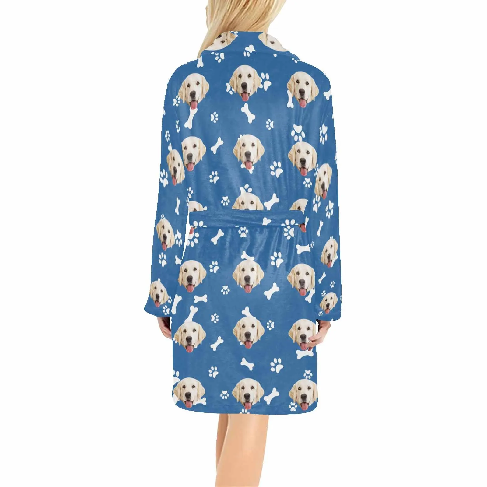 Custom Face Fleece Robe Dog Bones Personalized All Over Print Pajama Kimono Robe for Men Women