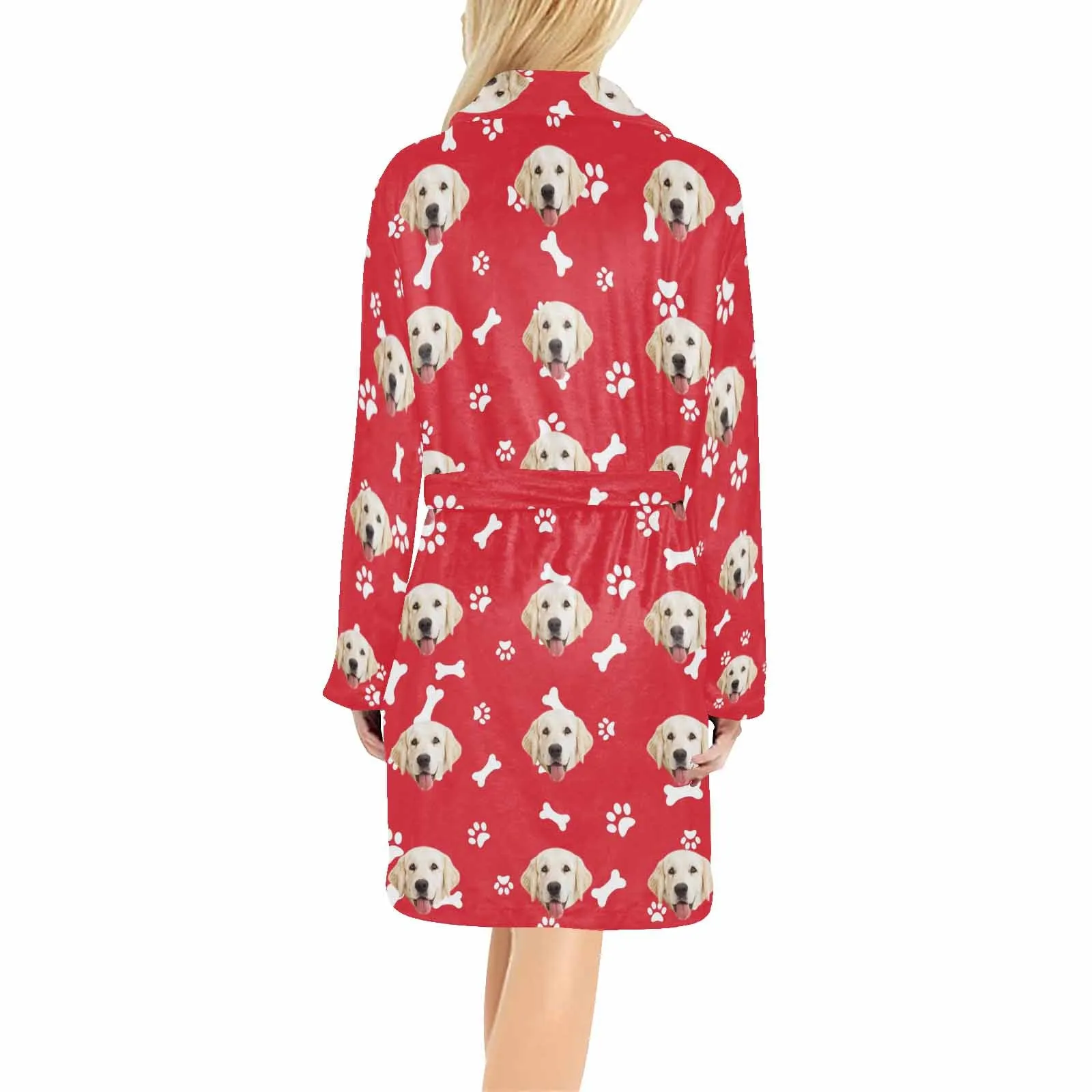 Custom Face Fleece Robe Dog Bones Personalized All Over Print Pajama Kimono Robe for Men Women