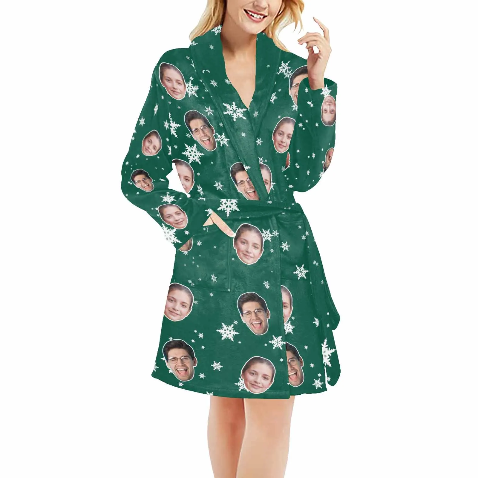 Custom Face Fleece Robe Snowflake Personalized All Over Print Pajama Kimono Robe for Men Women