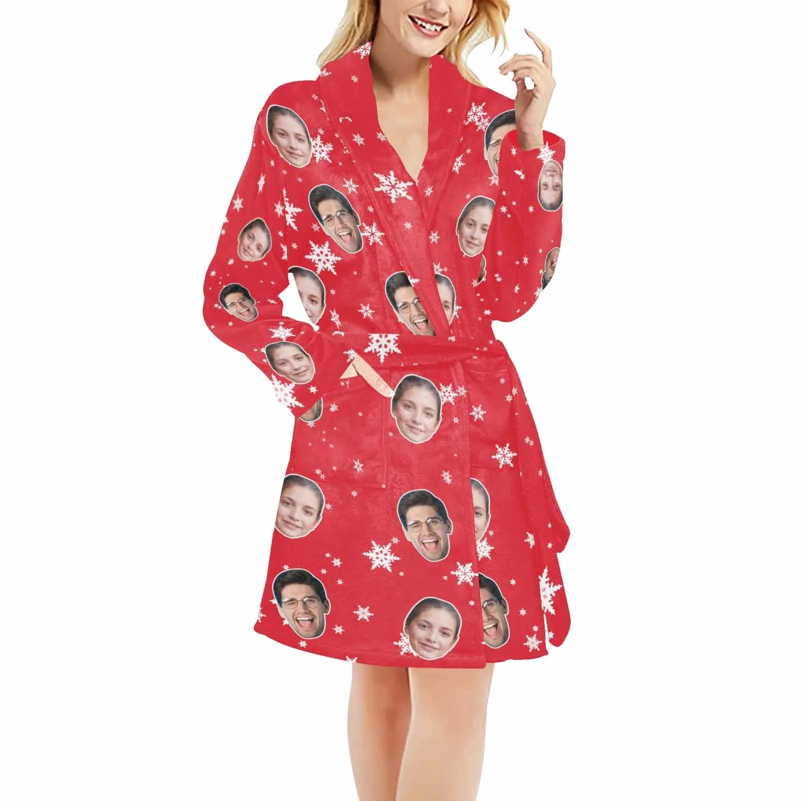Custom Face Fleece Robe Snowflake Personalized All Over Print Pajama Kimono Robe for Men Women