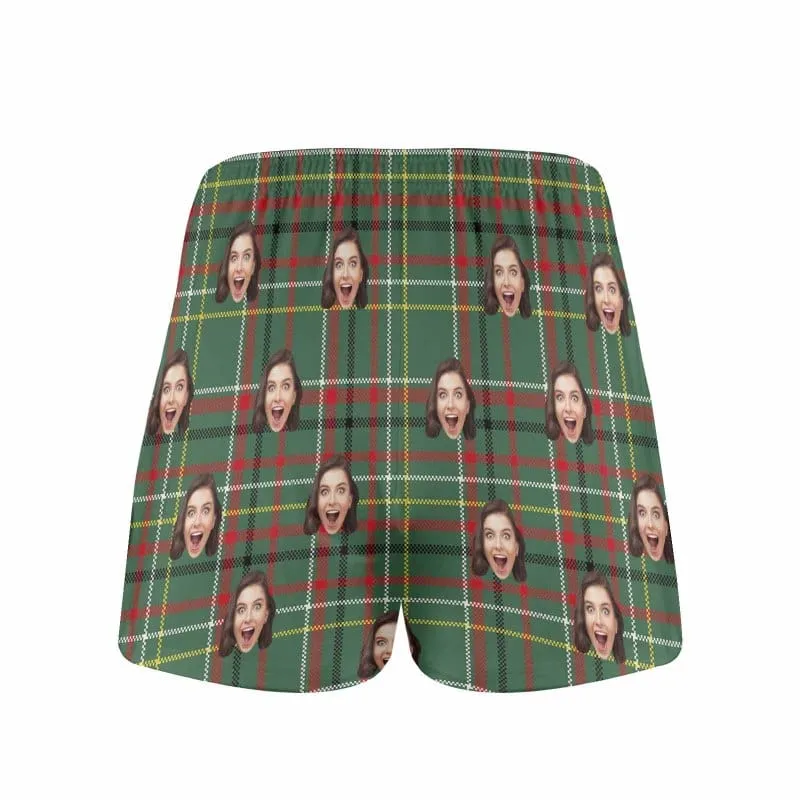 Custom Face Green Plaid Boxer Shorts Pure Cotton Shorts for Men