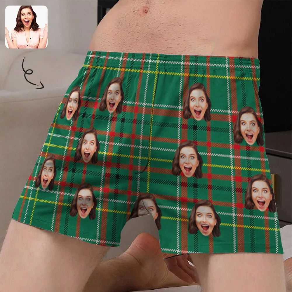 Custom Face Green Plaid Boxer Shorts Pure Cotton Shorts for Men