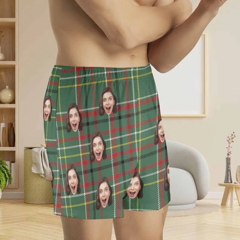 Custom Face Green Plaid Boxer Shorts Pure Cotton Shorts for Men