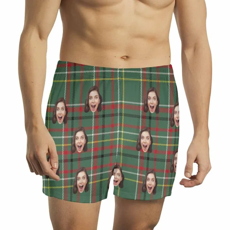 Custom Face Green Plaid Boxer Shorts Pure Cotton Shorts for Men