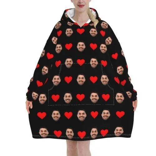 Custom Face Love Heart Hooded Pajama Fleece Loungewear For Women