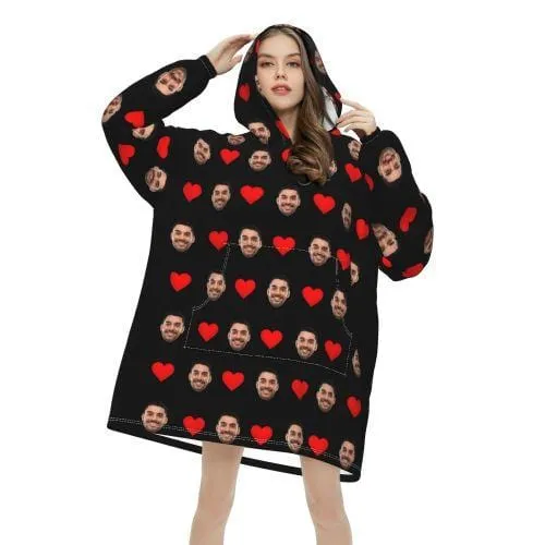 Custom Face Love Heart Hooded Pajama Fleece Loungewear For Women