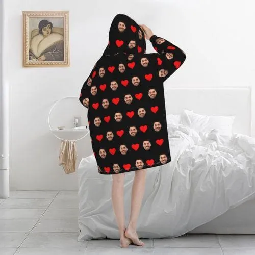 Custom Face Love Heart Hooded Pajama Fleece Loungewear For Women