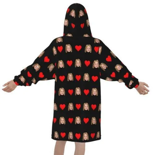 Custom Face Love Heart Hooded Pajama Fleece Loungewear For Women